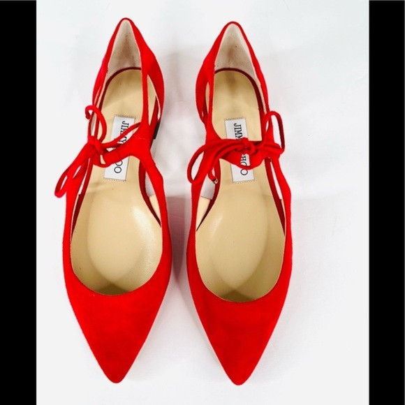 Jimmy Choo Vanessa Flat Red Suede Strap Lace Pointed Toe Ballet Flats Size 36.5 - Picture 10 of 11